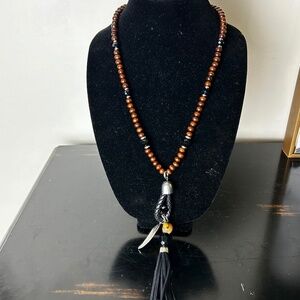 Boho Western Wood Beaded Necklace w/ Leather Tassel